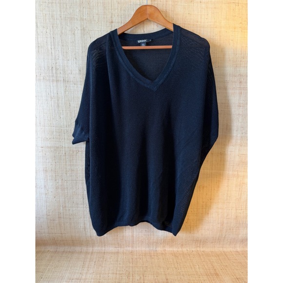 Dkny Tops - DKNY Womens Oversized 100% Tussah Silk Net Mesh V-Neck Top Navy Blue Small
